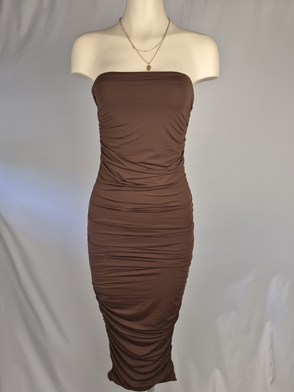 Zara Strapless Ruched Midi Dress in Brown